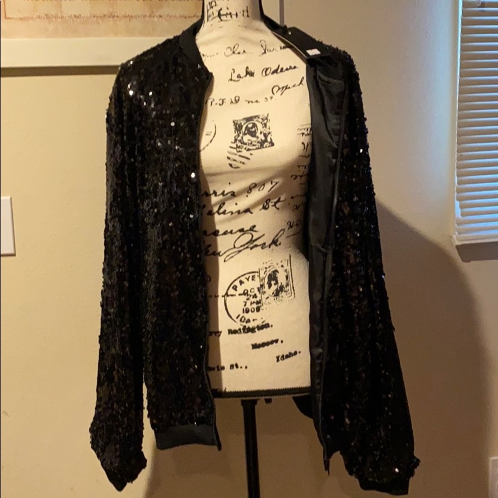 L&B Black sequin Bomber Jacket w/pockets
